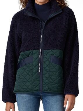 TORY SPORT BY TORY BURCH Sherpa Fleece Quilted Zip Jacket Navy Green Large